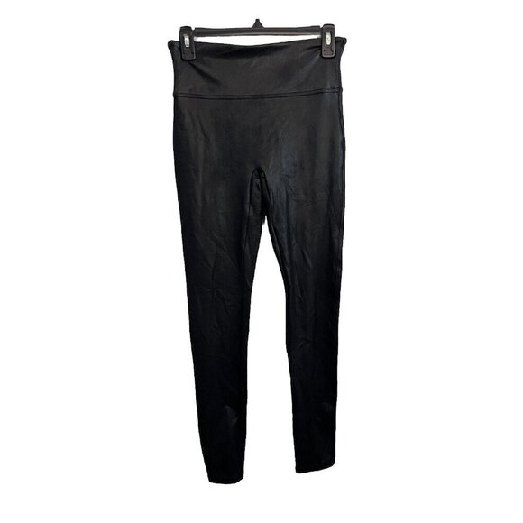 Spanx Black Coated Faux Leather Leggings Full Length Size Large - Picture 1 of 13